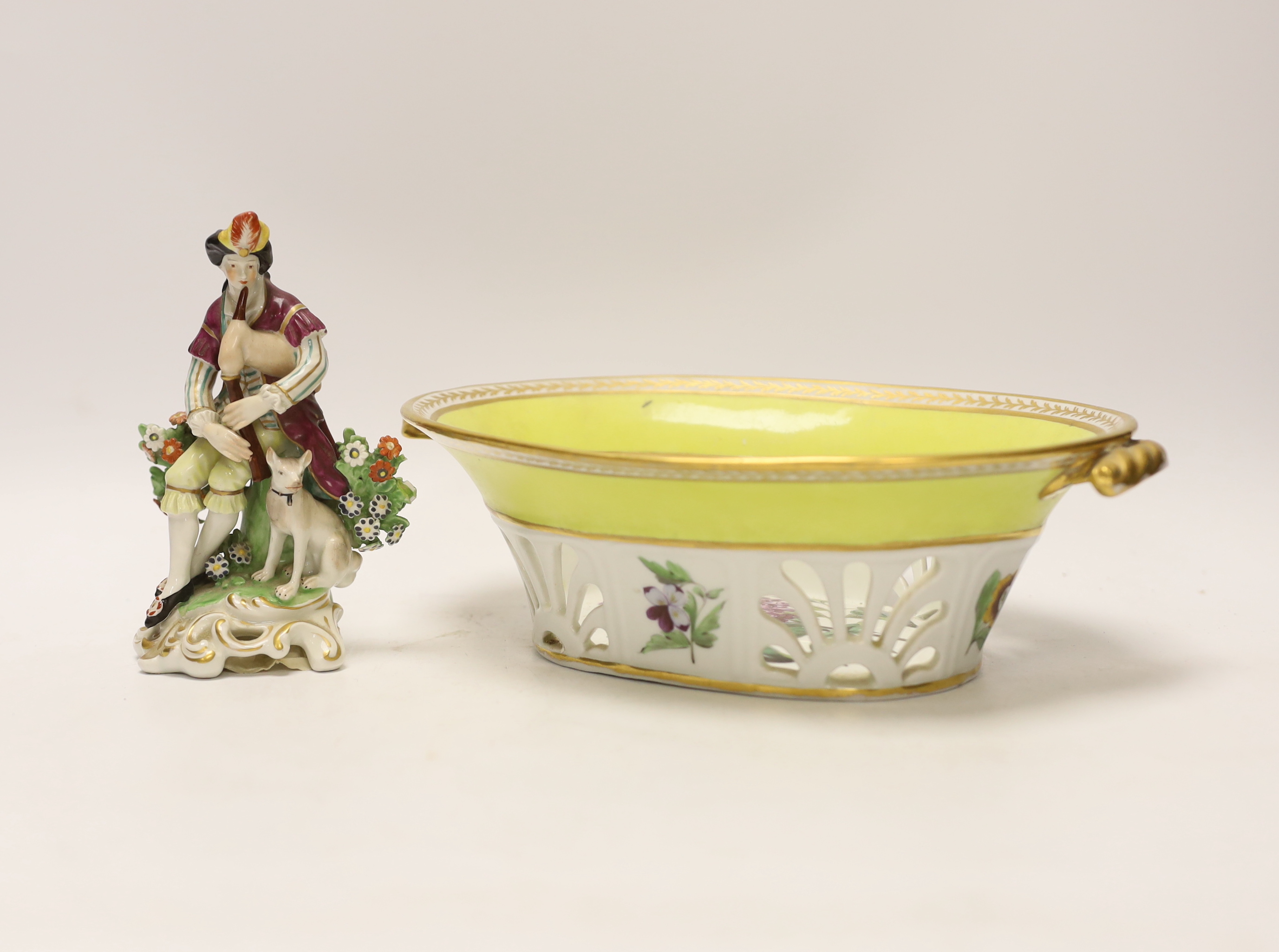 An English porcelain yellow ground botanical specimen basket, c.1795–1800 19th century Derby figure group together with a Victorian ‘Common Lilac’ dish, 25cm